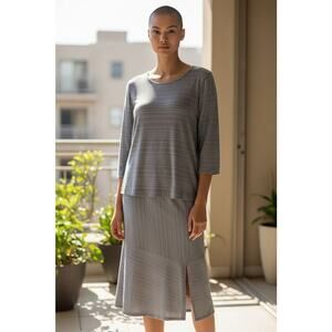 Chalet Women's Gray Striped Midi Skirt 3/4 Sleeve Top Set Size Large Made In USA